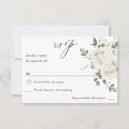 Witte zachte bloemen en eucalyptus geen koraal RSV RSVP Kaartje (Voorkant)