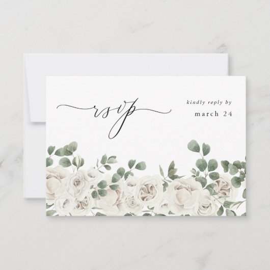 Witte zachte bloemen en eucalyptus met korrels RSV RSVP Kaartje (Voorkant)