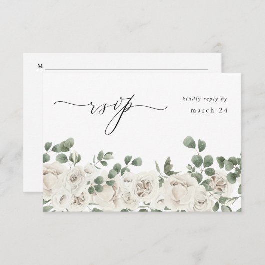 Witte zachte bloemen en eucalyptus met korrels RSV RSVP Kaartje (Voorkant / Achterkant)
