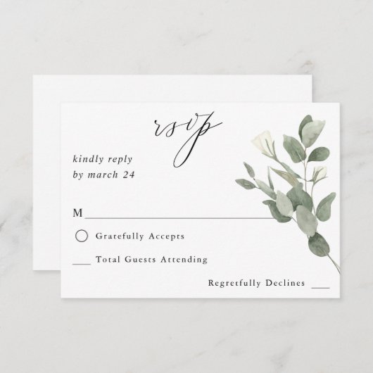 Witte zachte bloemen en eucalyptus op koraal RSVP  (Voorkant / Achterkant)