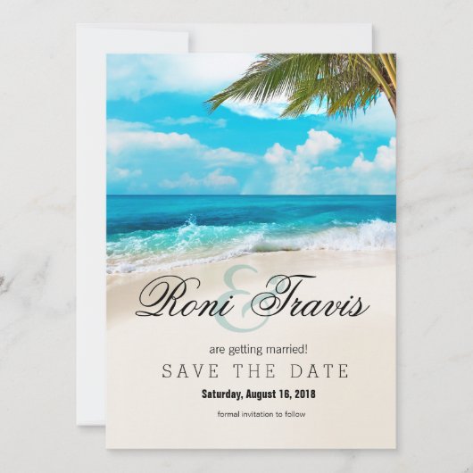 Witte Zand Strand Palmboom Bewaar de Datum Save The Date (Voorkant)