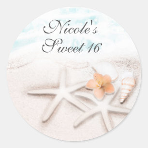 Witte zandstrand Zeester Blauwe oceaan Feestfavor Ronde Sticker
