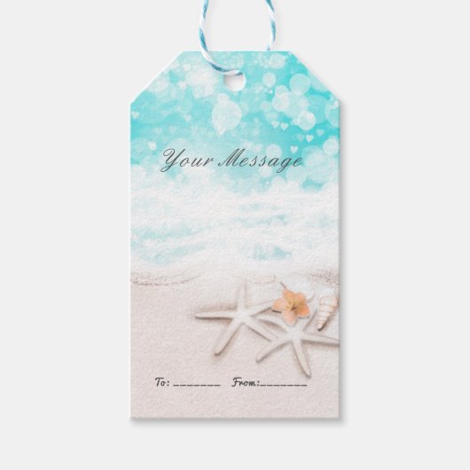 Witte Zandstrand Zeester Blauwe Oceaan Party Favor Cadeaulabel (Voorkant)