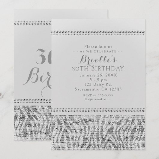 Witte Zebra Glitter Lovertjes Glam Feest Uitnodigi Kaart (Voorkant / Achterkant)