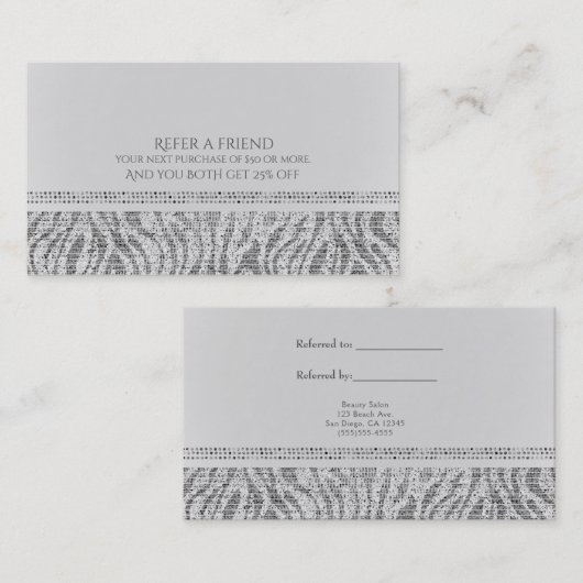 Witte Zebra Sparkle Sequins Glam Verwijs een Vrien Aanbevelingskaartje (Voorkant / Achterkant)