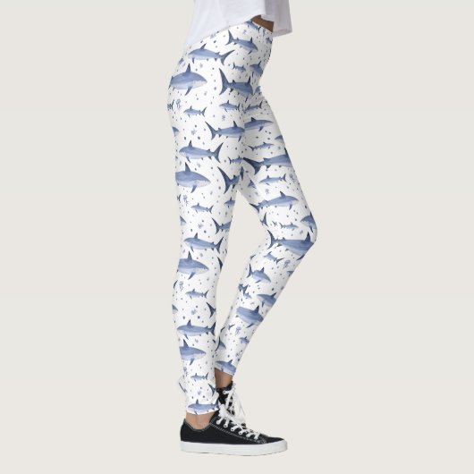 Witte Zee Life Shark Jellyfish Waterverf Pattern Leggings (Rechts)