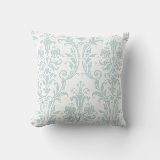 Witte Zee Schuimgroen Damask Floral Swirls Kussen (Voorkant)