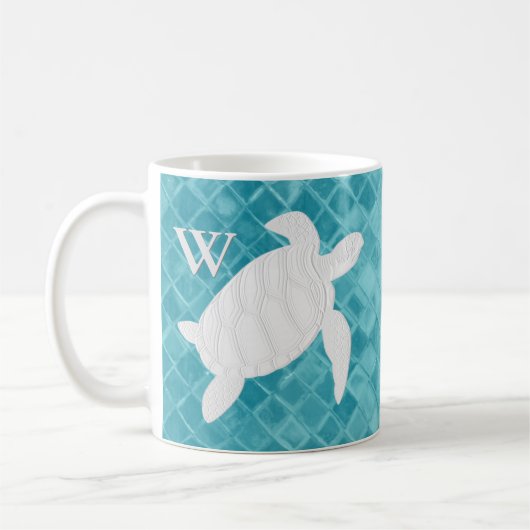 Witte Zee Turtle Aqua Zee Glass Monogram Koffiemok (Links)