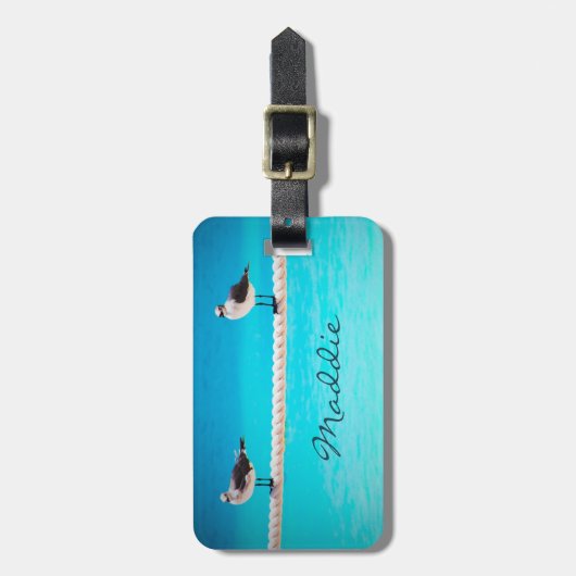 Witte zeebaars vogels op oceaanfoto, aangepaste na bagagelabel (Voorkant verticaal)