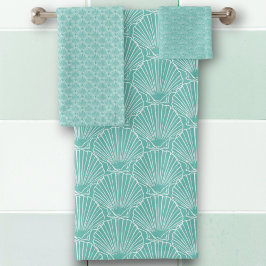 Witte Zeeen schelppatroon over Green Beach House Bad Handdoek