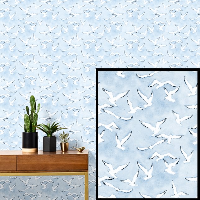 Witte zeemeeuw vogels op blauwe hemel behang (Creator heeft geüpload)