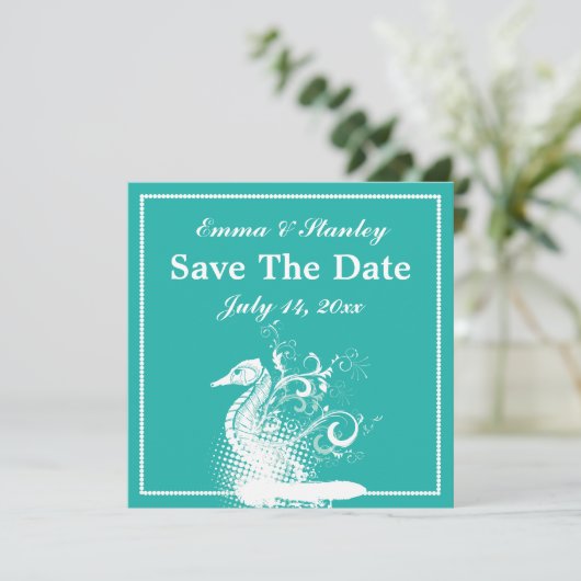 Witte zeepaardje blauw groen zomer bruiloft save the date (Staand voorkant)