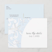 Witte Zeester Blauwe Strand Trouw Save The Date Aankondigingskaart (Voorkant / Achterkant)