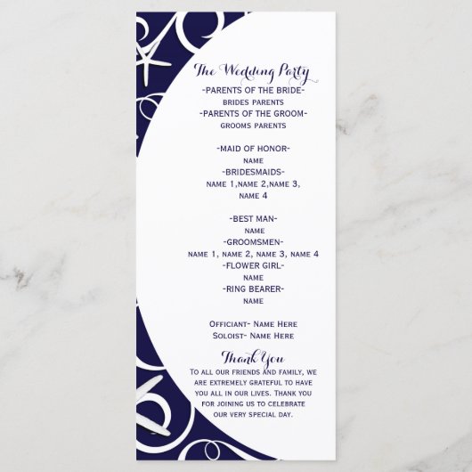 Witte Zeester Donkerblauwe Strand Bruiloftsprogram Programmakaart (Achterkant)