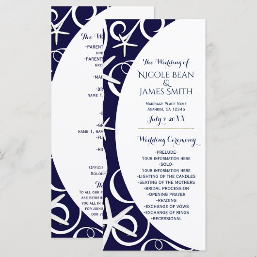 Witte Zeester Donkerblauwe Strand Bruiloftsprogram Programmakaart (Voorkant / Achterkant)