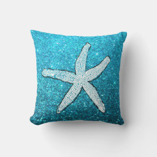 Witte Zeester Glitterende Sparkly Strand Teal Blau Buitenkussen