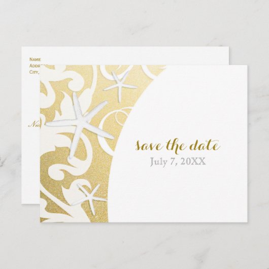 Witte Zeester Gouden Strand Bruiloft Save The Date Aankondigingskaart (Voorkant / Achterkant)