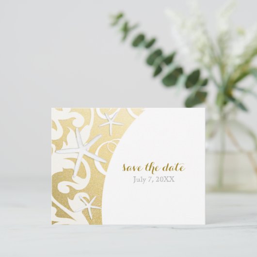 Witte Zeester Gouden Strand Bruiloft Save The Date Aankondigingskaart (Staand voorkant)