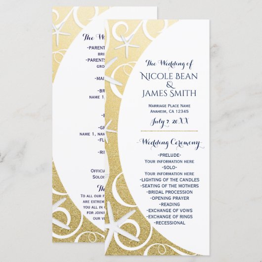 Witte Zeester Gouden Strand Trouwprogramma Programmakaart (Voorkant / Achterkant)