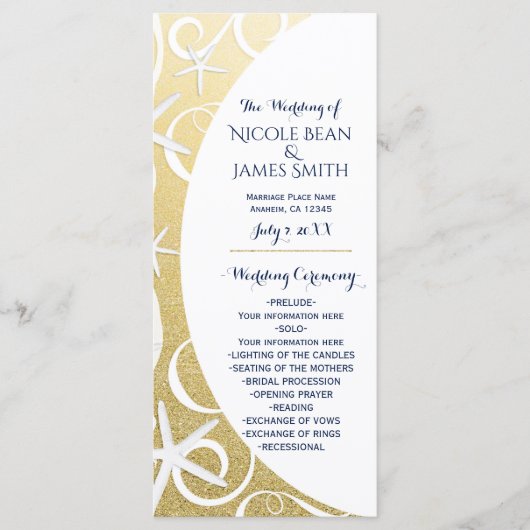 Witte Zeester Gouden Strand Trouwprogramma Programmakaart (Voorkant)