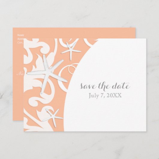 Witte Zeester Koraal Strand Bruiloft Save The Date Aankondigingskaart (Voorkant / Achterkant)