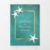 Witte zeester op blauwgroen bevlekt papieren stran drieluik uitnodiging (Cover)