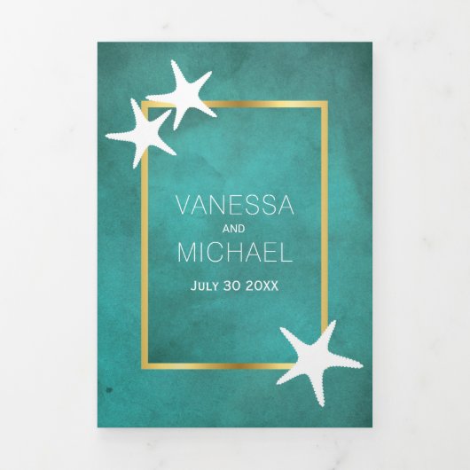 Witte zeester op blauwgroen bevlekt papieren stran drieluik uitnodiging (Cover)
