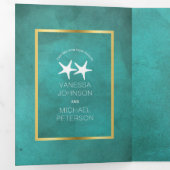 Witte zeester op blauwgroen bevlekt papieren stran drieluik uitnodiging (Binnenzijde eerst)