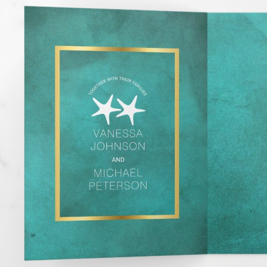 Witte zeester op blauwgroen bevlekt papieren stran drieluik uitnodiging (Binnenzijde eerst)