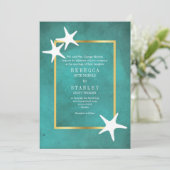 Witte zeester op blauwgroen bevlekt papieren stran kaart (Staand voorkant)