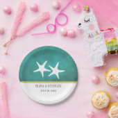 Witte zeester op blauwgroen gekleurd strand bruilo papieren bordje (Feest)