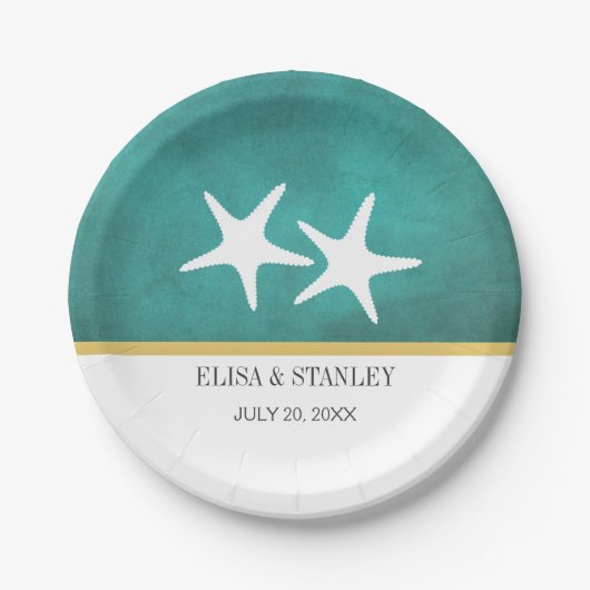 Witte zeester op blauwgroen gekleurd strand bruilo papieren bordje (Voorkant)