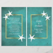 Witte zeester op blauwgroen gevouwen trouwprogramm (Voorkant)