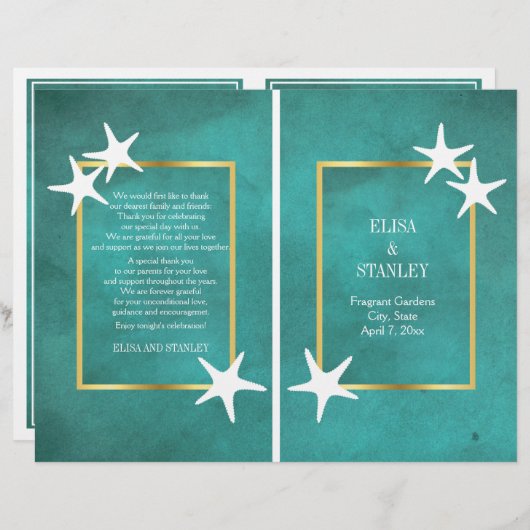 Witte zeester op blauwgroen gevouwen trouwprogramm (Voorkant / Achterkant)