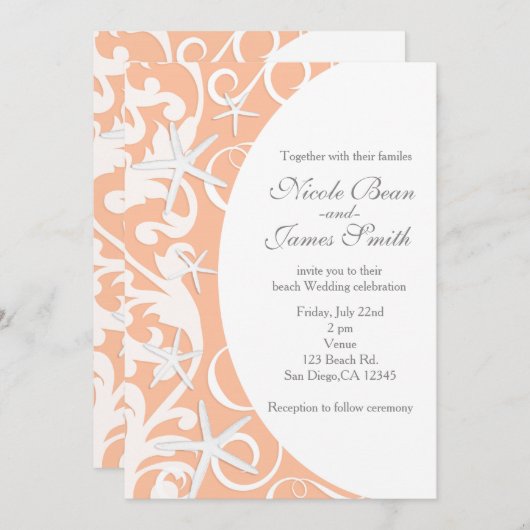 Witte zeesterren koraal strand bruiloft uitnodigin kaart (Voorkant / Achterkant)