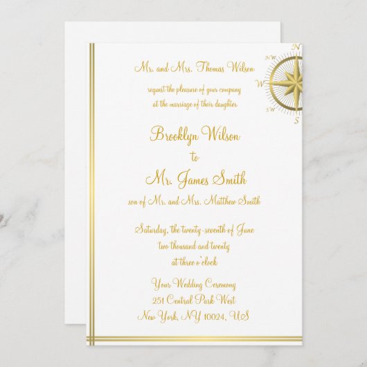Witte Zeevaart Bruiloft Uitnodigingen Gouden Kompa (Voorkant / Achterkant)
