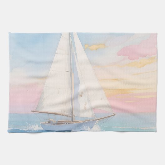 Witte Zeilboot Oceaan Gloed Theedoek (Horizontaal)