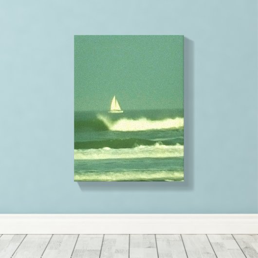 Witte zeilboot op Green Ocean Water Canvas Afdruk (Insitu (Houten vloer))