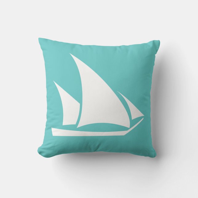 witte zeilboot op teal blauwe kussen (Voorkant)