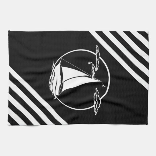 Witte zeilboot/zeemeeuw/zonsondergang silhouet theedoek (Horizontaal)