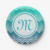 Witte zigzag Chevron en blauwe groene achtergrond Papieren Bordje (Voorkant)