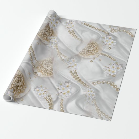 Witte Zijde en Ivory Champaign Pearls Cadeaupapier (Uitgerold)
