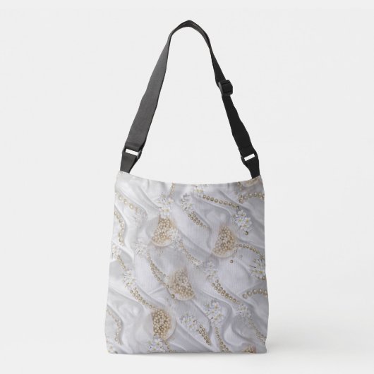 Witte Zijde en Ivory Champaign Pearls Crossbody Tas (Voorkant)
