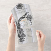 Witte zijde met zwart kant all in one uitnodiging (Afscheurbaar)