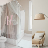 Witte Zijde Roze Monogram Elegant Script Trouwdag Douchegordijn