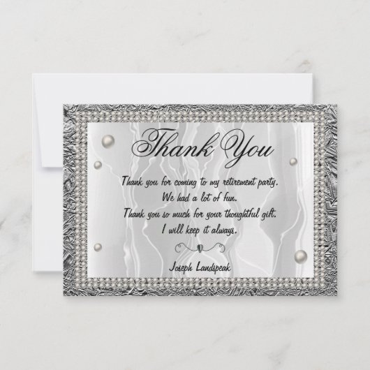 Witte zijde, witte parels & zilver Dank u Notitiekaartje (Voorkant)