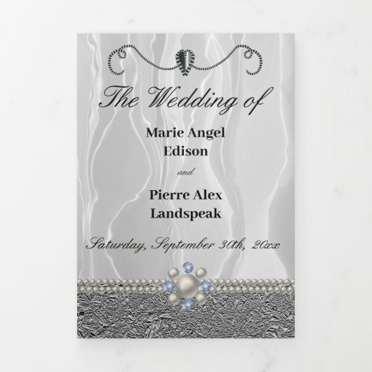 Witte Zijderzijde en zilverfolie en diamanten Tri Drieluik Uitnodiging (Cover)