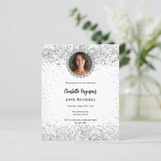 Witte zilveren foto diamanten verjaardagsuitnodigi (Staand voorkant)