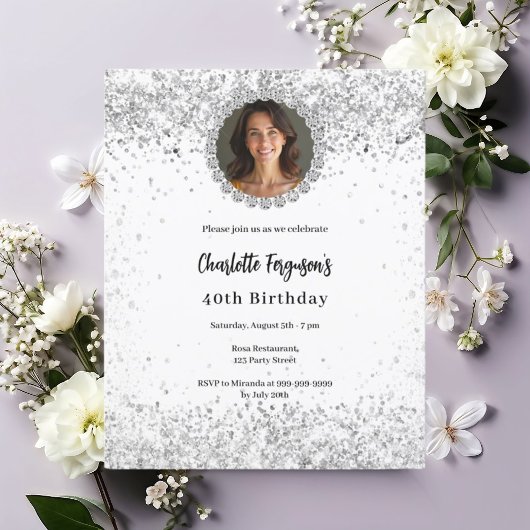 Witte zilveren fotodiamanten verjaardagsuitnodigin