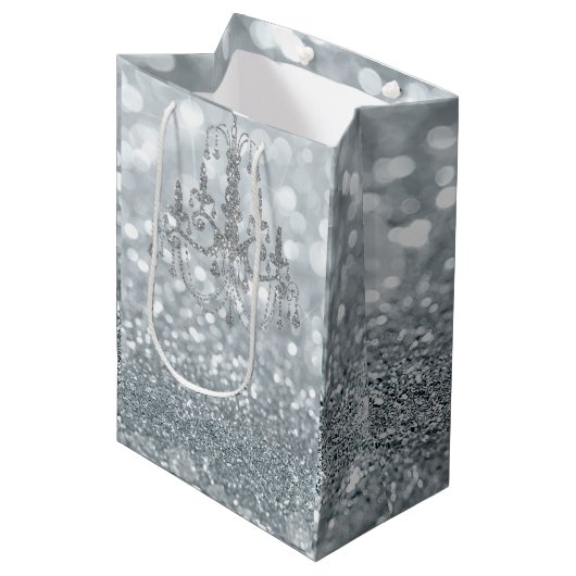 Witte zilveren glitter bokeh glamour kroonluchter  medium cadeauzakje (Voorkant Gekanteld)